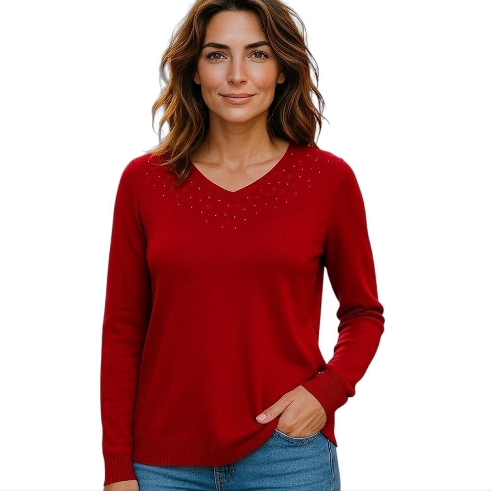 Croft & Barrow Wine Red V-Neck Long-Sleeve Knit Sweater Bead Accent - Size Large